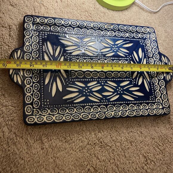 Temptations Rectangular Platter Serving Tray Platter  Embroidery Theme Navy - Picture 5 of 7